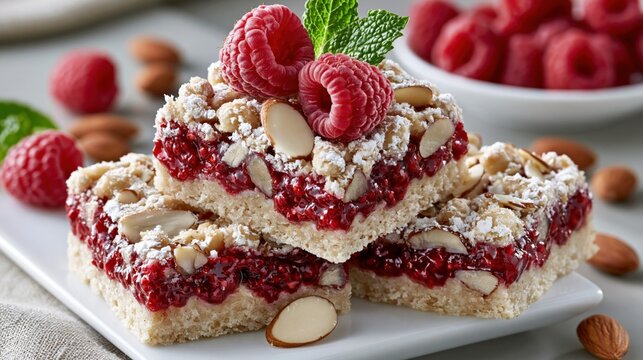 Delicious Raspberry Almond Crumble Bars Topped with Fresh Berries and Mint
