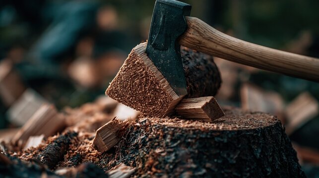 Close-up of an axe head embedded in a chopped log on a stump, surrounded by wood chips and firewood
