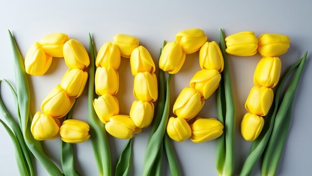 Yellow tulips arranged to form the numbers 2023 with green leaves on a light gray background, symbolizing spring and celebration of the new year