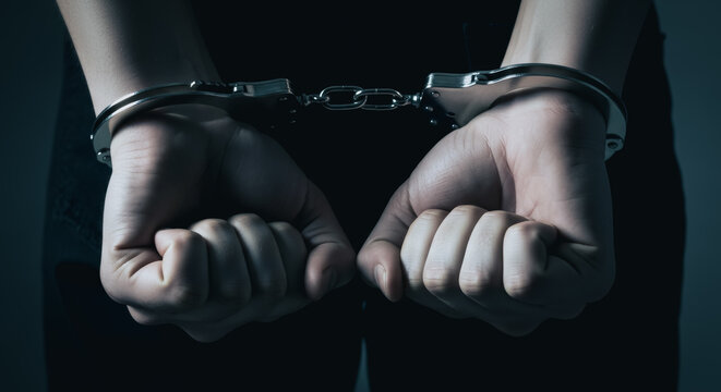 Close up of human hands in metal handcuffs against a dark background representing criminal justice and arrest