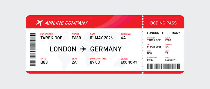 Red and white airline boarding pass for london to germany flight, economy flight ticket boarding pass template