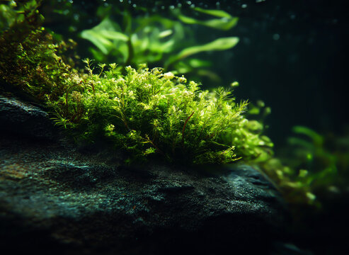 Close-up of vibrant green aquatic moss growing on a dark stone in a freshwater planted aquarium with moody cinematic lighting.