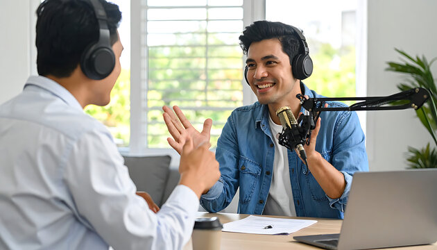 Two men recording a podcast, smiling and talking into a professional microphone, casual conversation, home studio setup