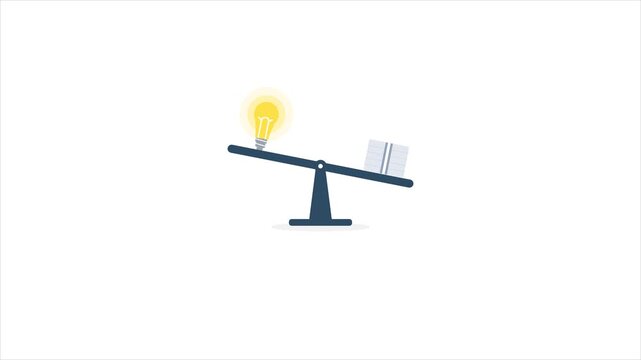 Minimalist animation of a scale balancing a glowing lightbulb and money banknotes, representing the high value of a business idea, isolated on white background.