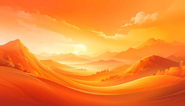 Warm orange sunset over rolling hills and distant mountains, pixel art landscape with glowing atmosphere