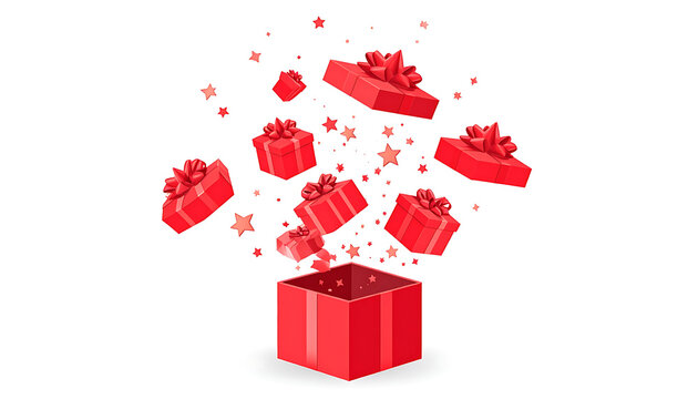 Red pixelated gift boxes exploding from open box, confetti and stars, celebration and surprise concept