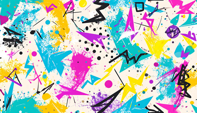 Retro 80s Memphis style pattern with vibrant geometric shapes, splatters, and zigzags on a cream background, energetic and playful design