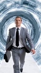 Fototapeta premium Confident businessman in suit walking through a futuristic abstract tunnel, carrying a briefcase.