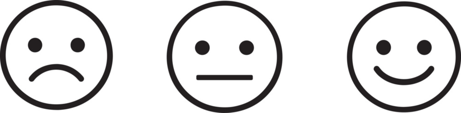 Emoticon icon set with happy, sad and neutral emoji faces. Smiley symbols for feedback and rating.