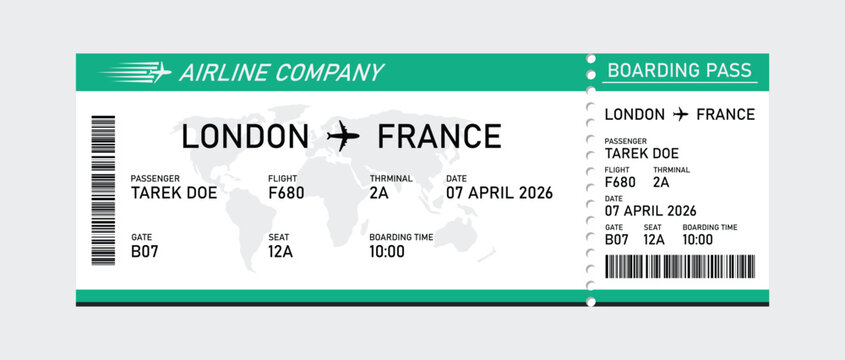 White and green airline boarding pass for london to france flight ticket travel document white background