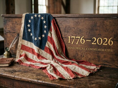Vintage Betsy Ross 13 Star American Flag Draped on Antique Wooden Chest with Quill Pen, 1776 2026 Historical Commemorative Semiquincentennial Concept