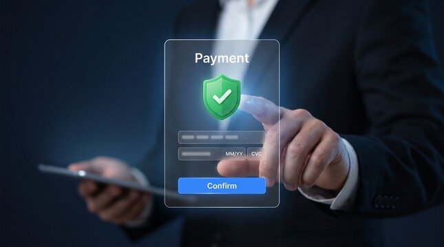 Businessman using digital tablet for online payment with secure shield icon and credit card information interface, financial technology and digital security concept