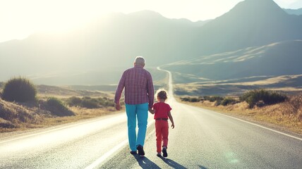 Fototapeta premium Two people walking hand in hand on empty road toward mountains with warm sunlight in tranquil natural landscape of countryside