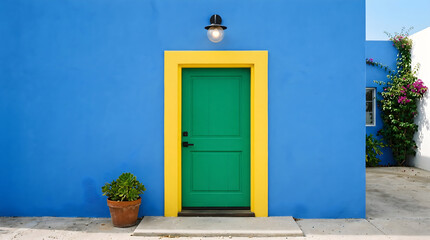 Fototapeta premium Door painted in vibrant green sits centered within a striking yellow frame against a solid blue wall of a Mediterranean house exterior, featuring a terracotta potted plant and an outdoor lamp above.