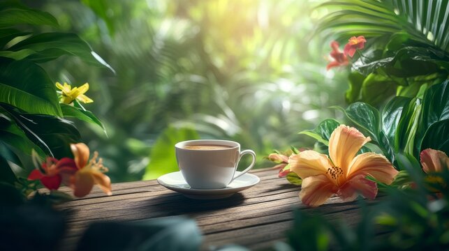 A cup of coffee sits on a wooden table surrounded by lush tropical foliage and flowers in a sunlit jungle setting.