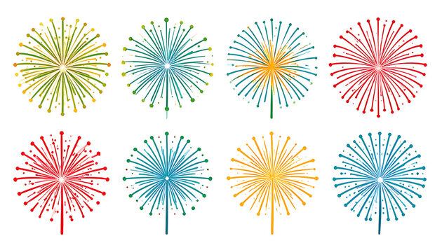 Set of eight colorful abstract starbursts and fireworks bursts, isolated on white, festive celebratory design elements