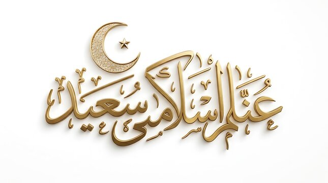Happy Islamic New Year Gold Arabic Calligraphy with Crescent and Star