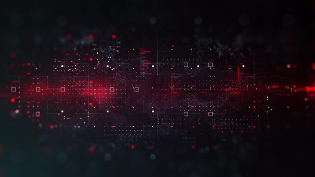 Abstract digital face silhouette made of glowing red data particles and light beams.
