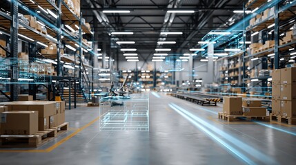 Modern High-Tech Warehouse Interior with Digital Overlay, Automated Logistics, and Delivery Network Visualization