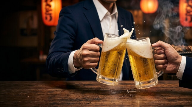 Nostalgic Gastronomy: Advertising Macro of Salarymen Toasting Beer in a Smoky Izakaya