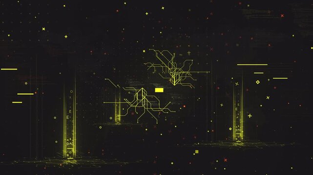 Abstract Digital Network Interface with Yellow Glowing Data Lines and Cybernetic Structures.