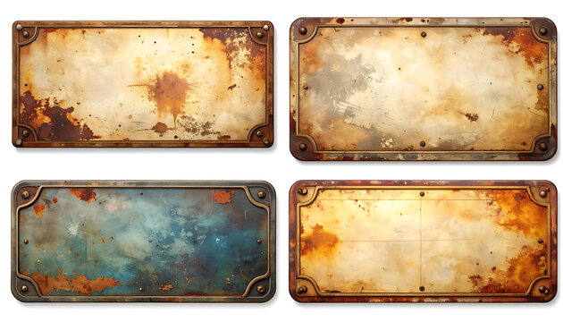 Set of four distressed metal signs with rusted textures and weathered patina, vintage grunge backgrounds, ornate borders, and industrial elements