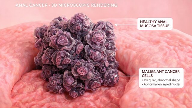 3D Medical Illustration of Anal Cancer Comparing Malignant Tumor Cells with Healthy Anal Mucosa Tissue, Labeled Anatomical Diagram for Oncology Education