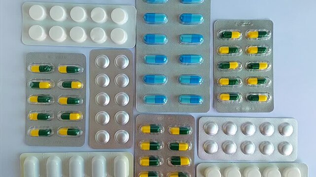 Medical pills, tablets, capsules in various colors and shapes inside blister packs, arranged on white background, for healthcare, drugs, medications, dosage, pharmacy, medicine packaging concepts.