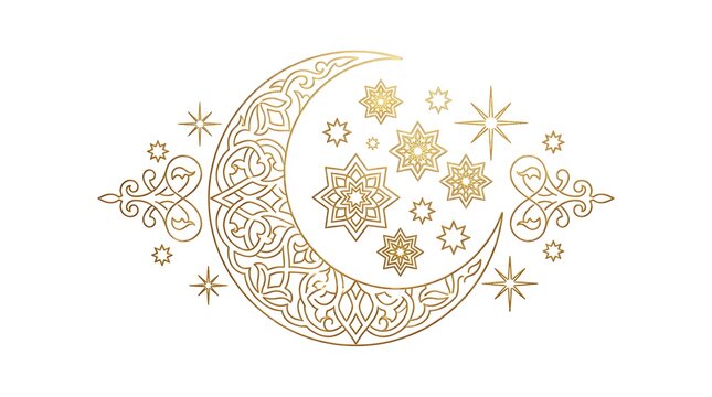 Golden Ornate Islamic Crescent Moon and Stars for Ramadan Kareem