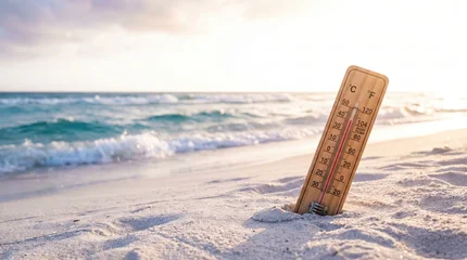 Wooden Outdoor Thermometer in Beach Sand Showing High Temperature with Ocean Background for Climate Change and Heatwave News © Hypnyo
