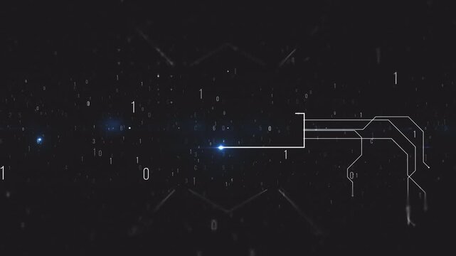 Abstract digital technology background with binary code and circuit board lines.