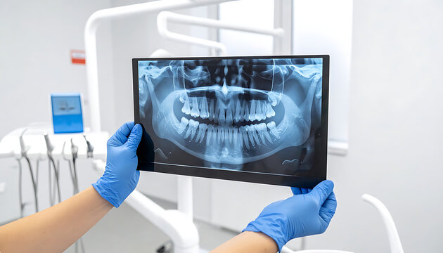 Dentist holding dental x-ray scan of teeth and jaw, showing panoramic view in clinic setting, medical diagnostic equipment