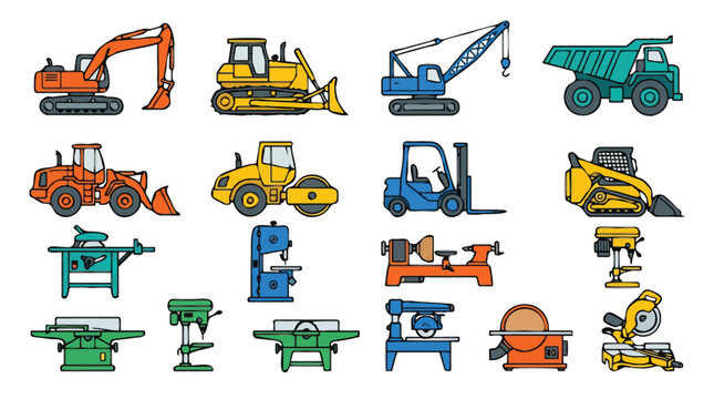 Heavy Construction Machinery and Professional Woodworking Workshop Tools Flat Vector Icons Set