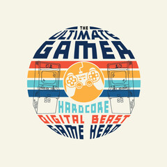 Retro Ultimate Gamer Game pad joystick console with lettering graphic t shirt design © Saranya