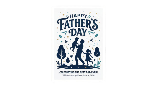 A Father's Day card design with playful silhouettes of dad and kids, confetti, and trees, joyfully celebrating the best dad ever with love, gratitude, and cheer

