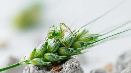 Obraz premium Macro shot of a small green insect resting on a vibrant green wheat ear, symbolizing nature and agriculture