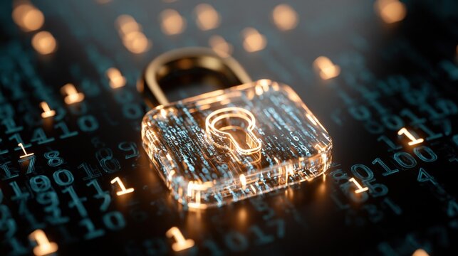 Glowing digital padlock protecting data streams of binary code, symbolizing cybersecurity and information protection