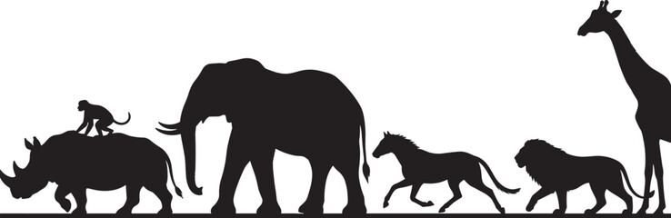 Fototapeta premium Wild Animal Silhouettes Featuring Elephant Rhinoceros Lion Giraffe Horse and Monkey in African Safari Scene