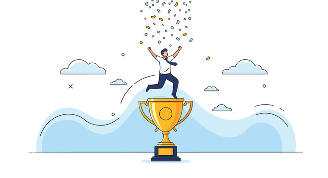 Successful businessman jumps with joy on top of a giant gold trophy as colorful confetti falls to celebrate his great career achievement.