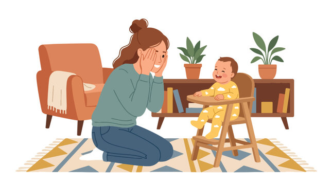 Flat style vector illustration of a mother playing peekaboo with her baby during an interactive learning activity that encourages laughter, bonding and social development