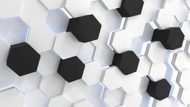 A modern and dynamic 3D abstract background animation consisting of a honeycomb structure or hexagonal pattern. 