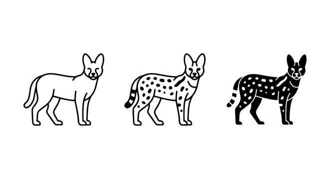 Serval Cat Icons: Outline, Spotted, Silhouette Vector Set, Wild Animal Graphics