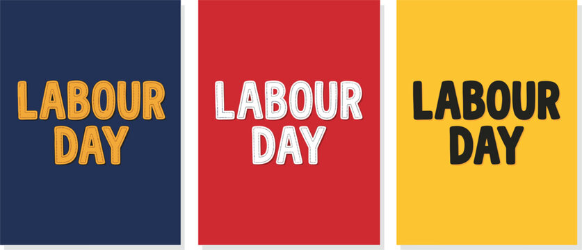 Canada Labour Day Embroidered Patch Style Typography Poster Set on Solid Color Backgrounds for Holiday Greeting and Print