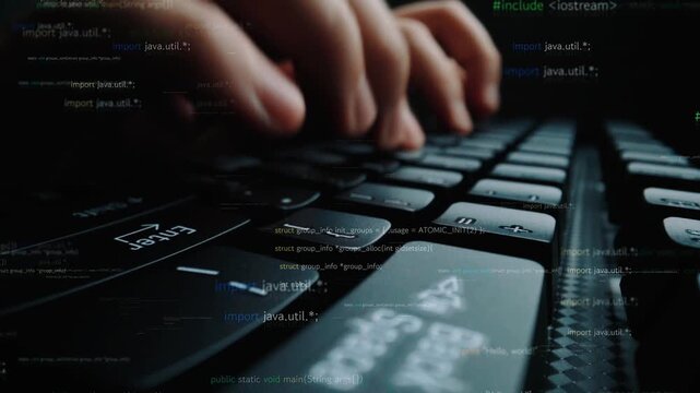 Close-up image showcasing hands actively typing on a keyboard, surrounded by floating programming code, emphasizing the essence of software development and technology innovation. Xenic