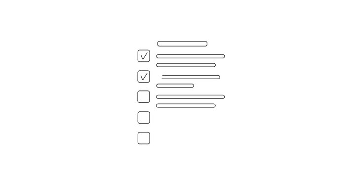 Minimalist black-and-white icon featuring a vertical checklist. The design includes a column of check boxes, with the top two marked by checkmarks and the remaining three left blank, accompanied by co