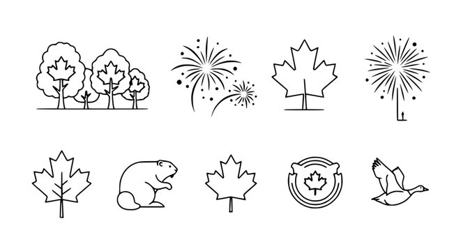 Canadian Icons Collection: Maple Leaf, Beaver, Goose, Trees, Fireworks - Line Art Set