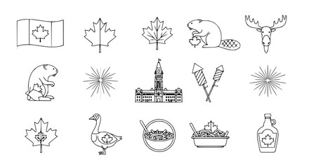 Obraz premium Canadian Icons Collection: Maple Leaf, Beaver, Moose, Flag, Parliament Building, Fireworks