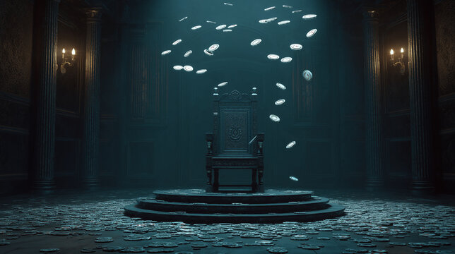 Ornate throne on circular stone dais in eerie candlelit gothic hall with floating glowing discs