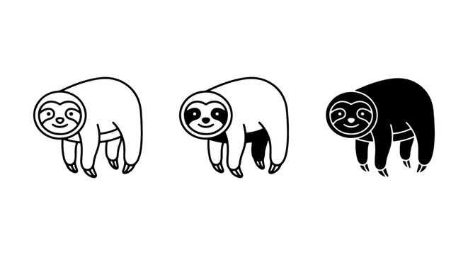 Three Sloth Icons, Vector Art, Cute Animal Graphics, Simple Line Drawings, Black and White, Mammal Illustrations for Wildlife Themes