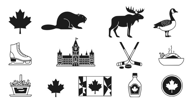 Canadian Icons Collection: Maple Leaf, Beaver, Moose, Hockey, Poutine, Flag, Landmark